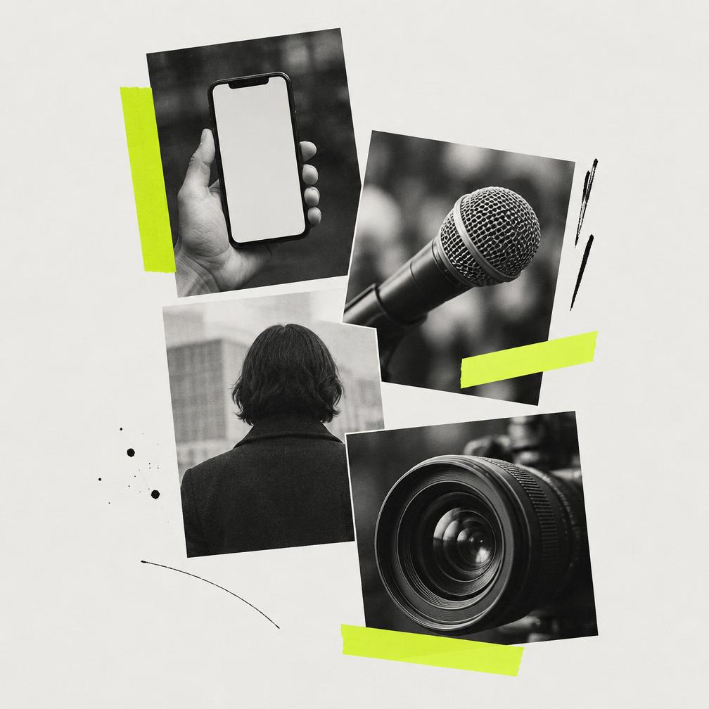 Colagem editorial de celular, microfone e câmera, representando declarações públicas e fontes